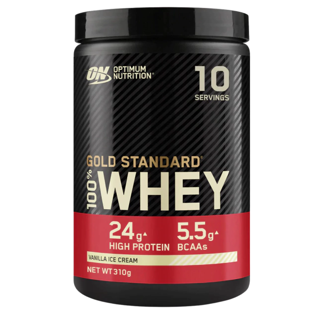 Pote de Optimum Nutrition Gold Standard 100% Whey Protein, proteína tradicional en polvo