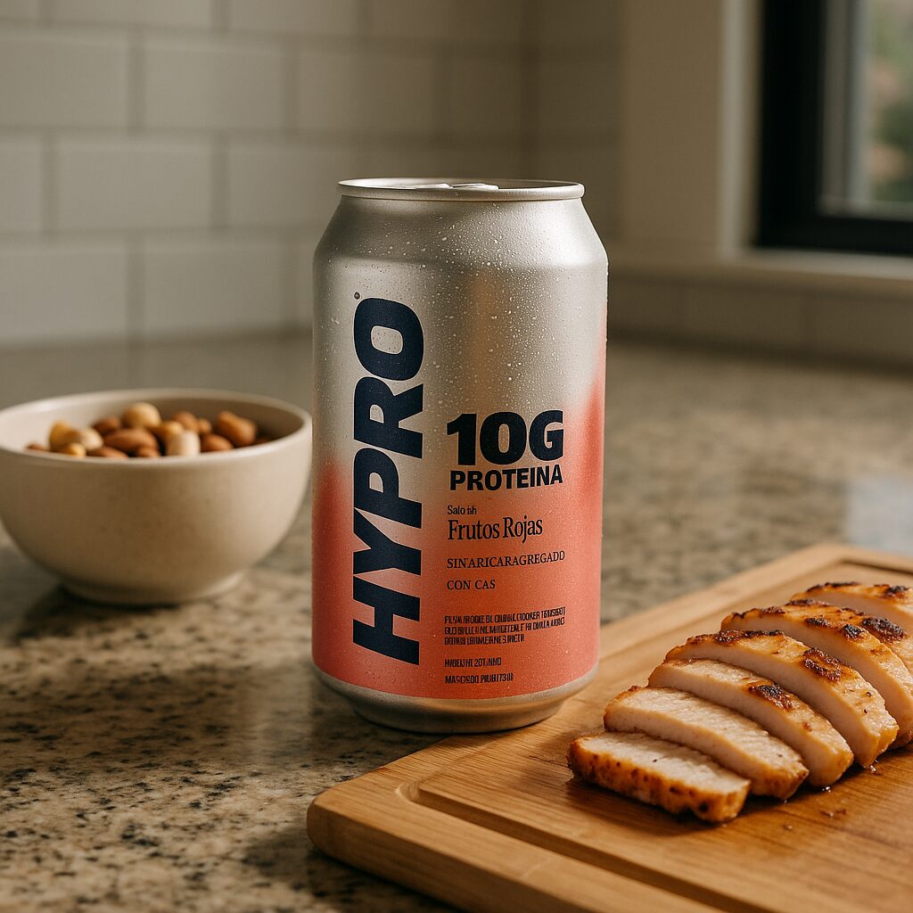 HYPRO protein soda can on a kitchen counter next to a bowl of mixed nuts and a cutting board with grilled chicken slices, natural daylight