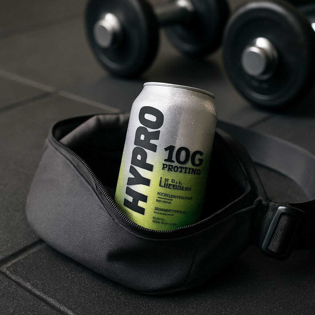 HYPRO can tucked into a small waist pack on a gym floor, dumbbells in background, clean studio lighting